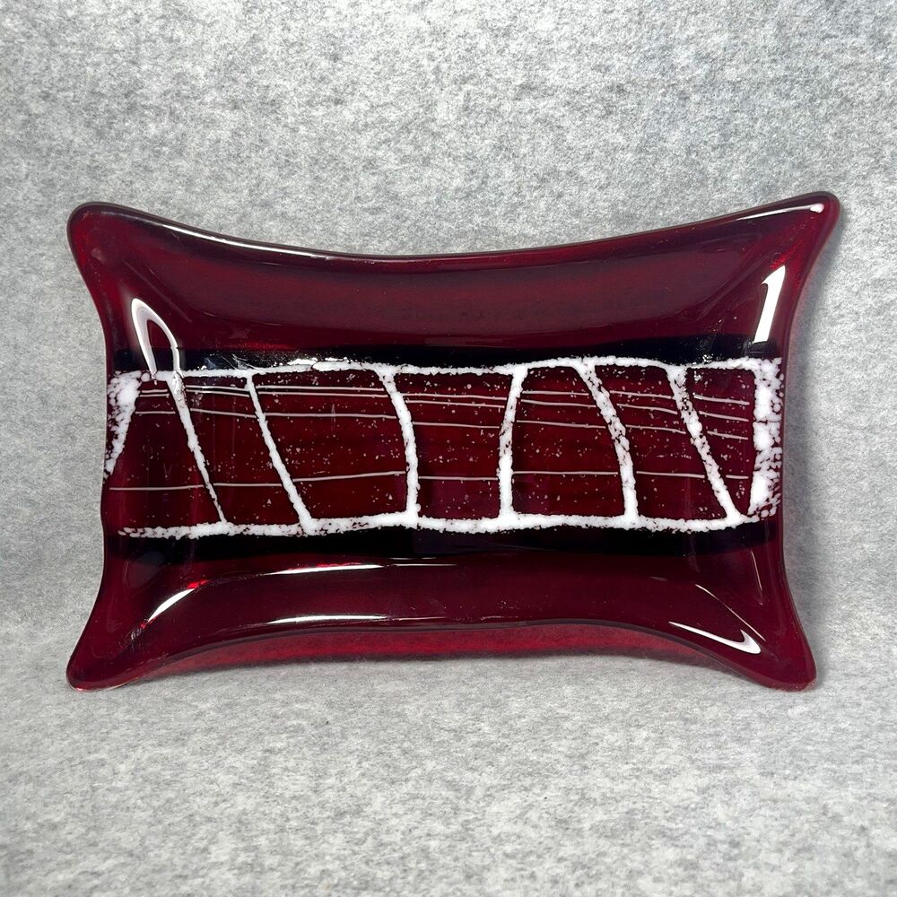 Fused Art Glass Red Black Geometric Tray‎ Platter 11.5X7.5" Decor Trinkets Keys